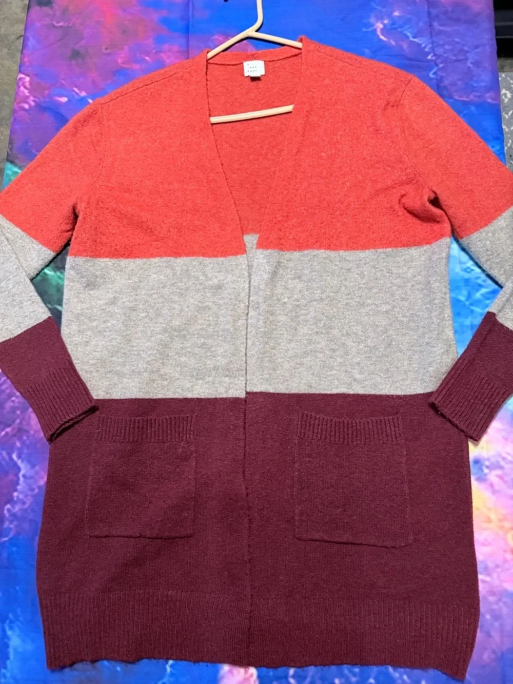 a new day Colorblock Open-Front Cardigan - Coral, Light Gray & Burgundy